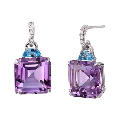 Vertical 14K White Gold Amethyst, Blue Topaz, and Diamond Earrings