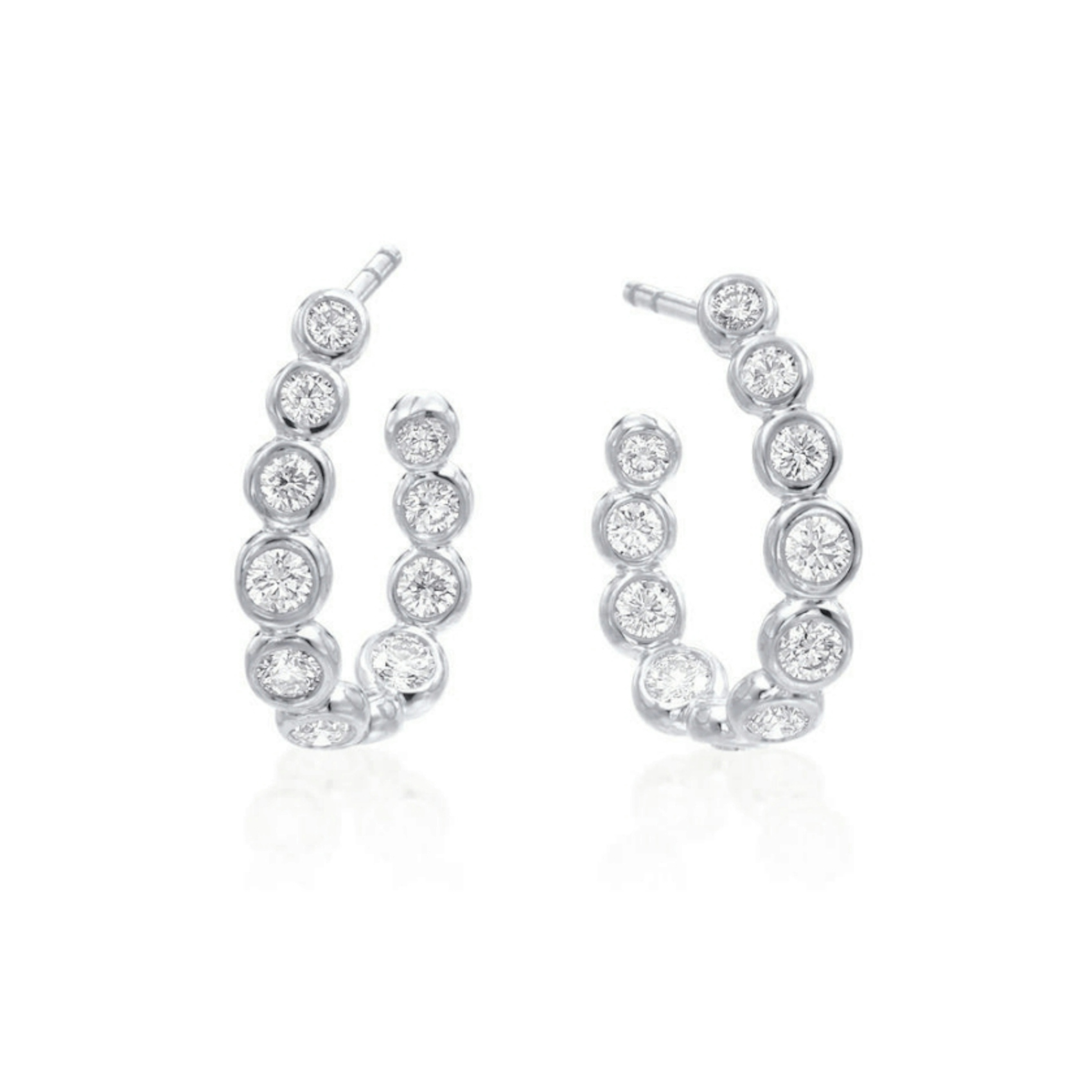 Vertical 18K White Gold Moonlight Bezel-Set Round Diamond Hoop Earrings
