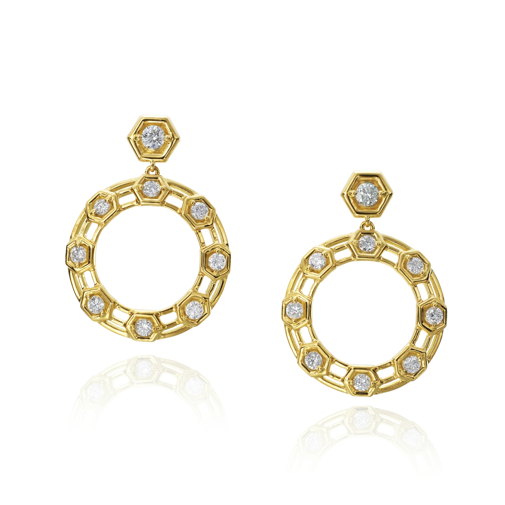 Vertical 18K Yellow Gold B Round Diamond Large Drop Earrings