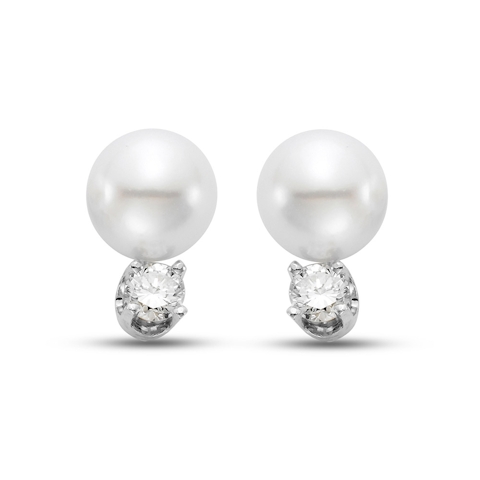 Vertical 18K Yellow Gold 8-8.5MM AA Akoya Pearl and Diamond Stud Earrings
