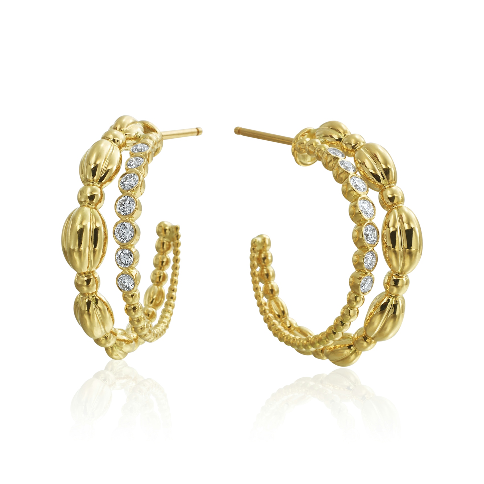 Vertical 18K Yellow Gold Nutmeg Round Diamond Double Hoop Earrings