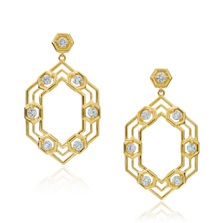 Vertical 18K Yellow Gold B Round Diamond Honeycomb Drop Earrings