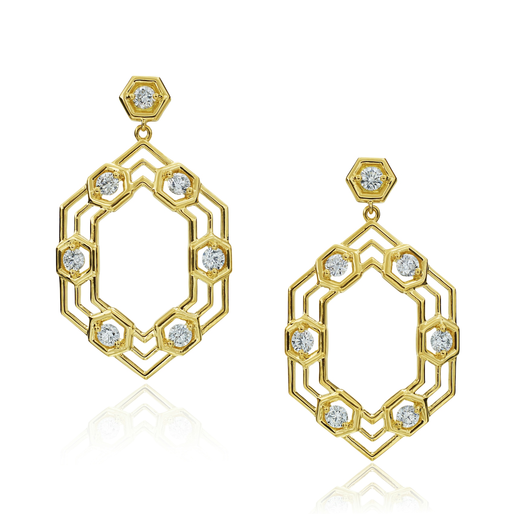 Vertical 18K Yellow Gold B Round Diamond Honeycomb Drop Earrings