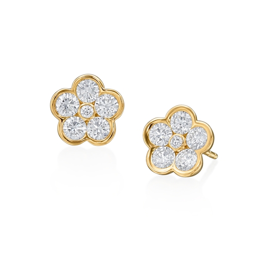 Vertical 18K Yellow Gold Fleur Diamond Flower Station Stud Earrings