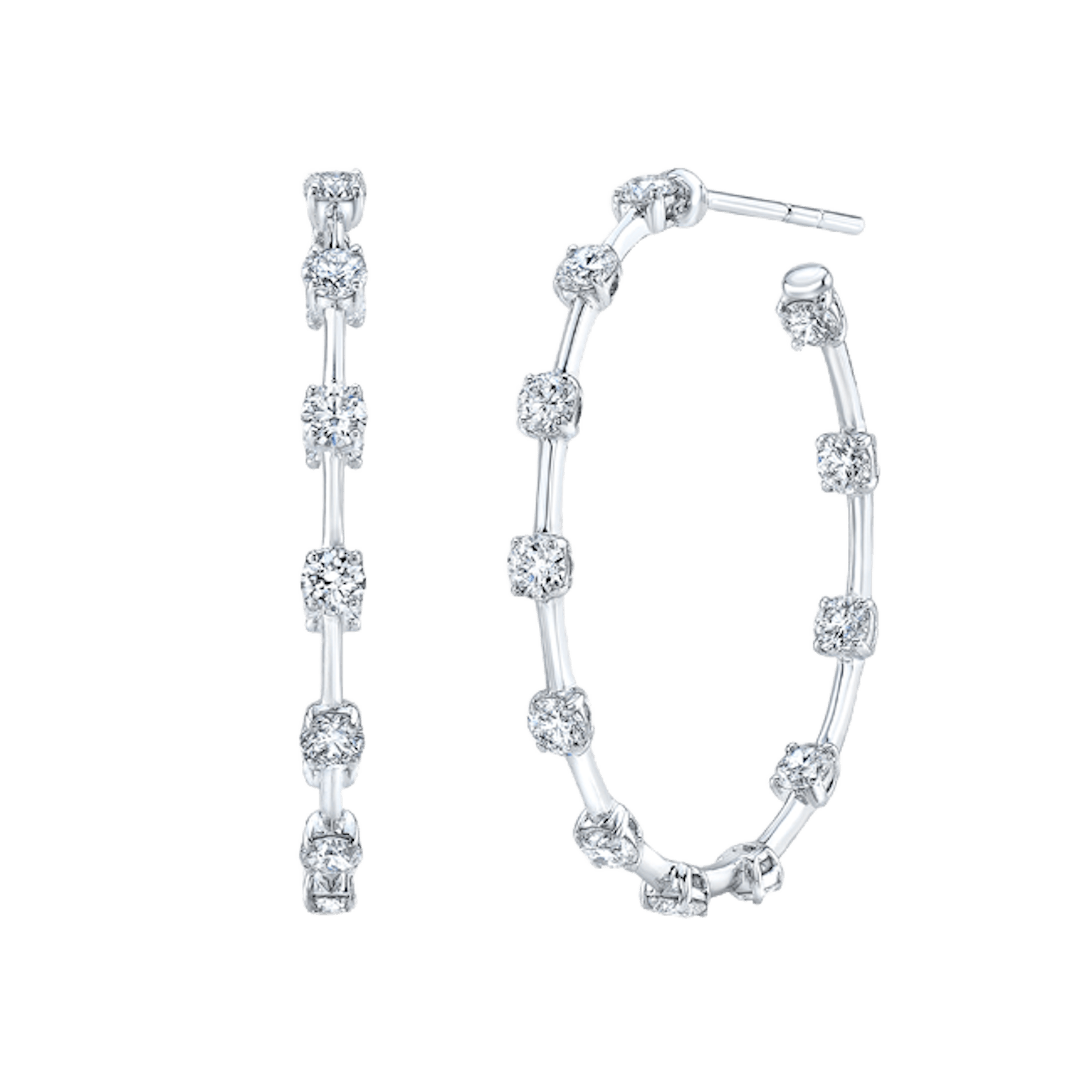 Vertical 18K White Gold Diamond Hoop Earrings