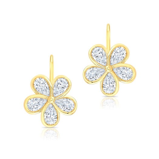 Vertical 18K Yellow Gold Diamond Flower Drop Earrings