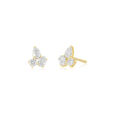 Vertical 14K Yellow Gold Diamond Triple Cluster Stud Earrings