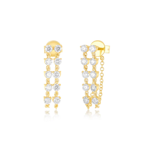 Vertical 14k Yellow Gold Diamond Double Chain Drop Earrings