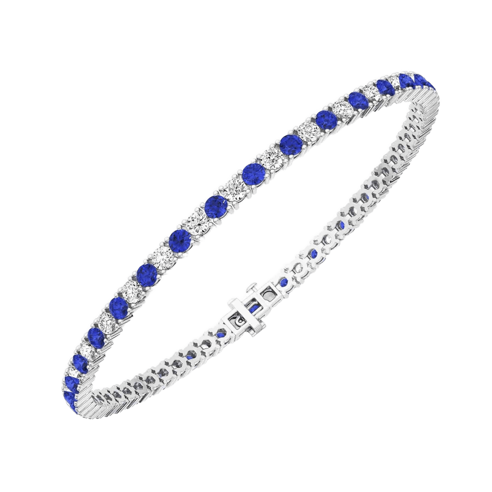 Vertical 14K White Gold Round Blue Sapphire and Diamond Alternating Bracelet
