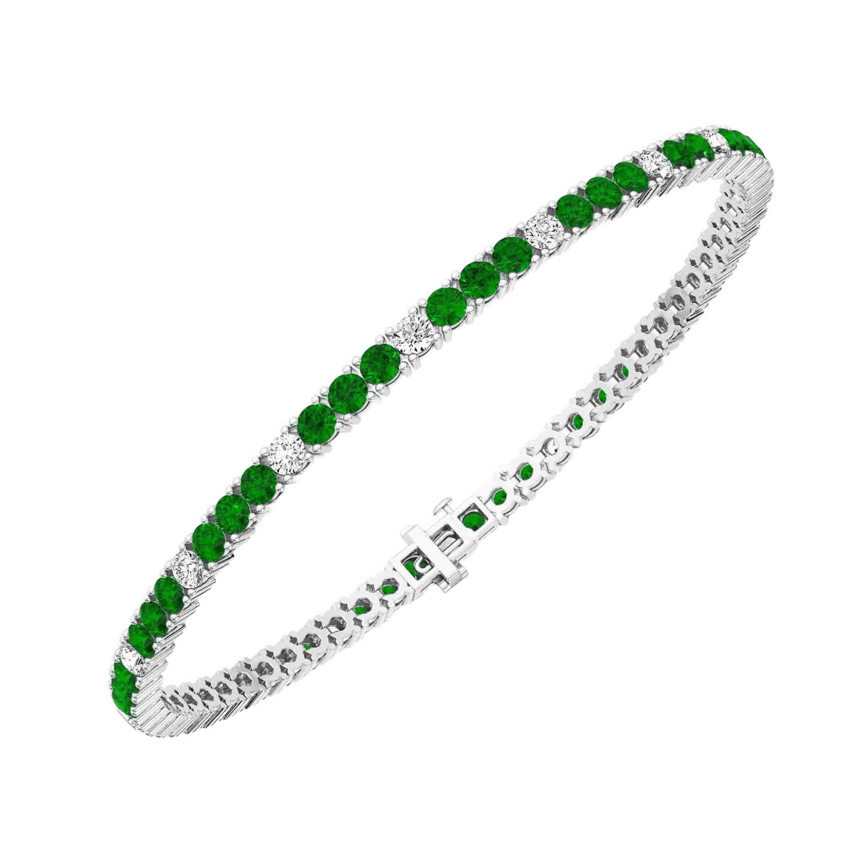Vertical 14K White Gold Round Emerald and Diamond Bracelet