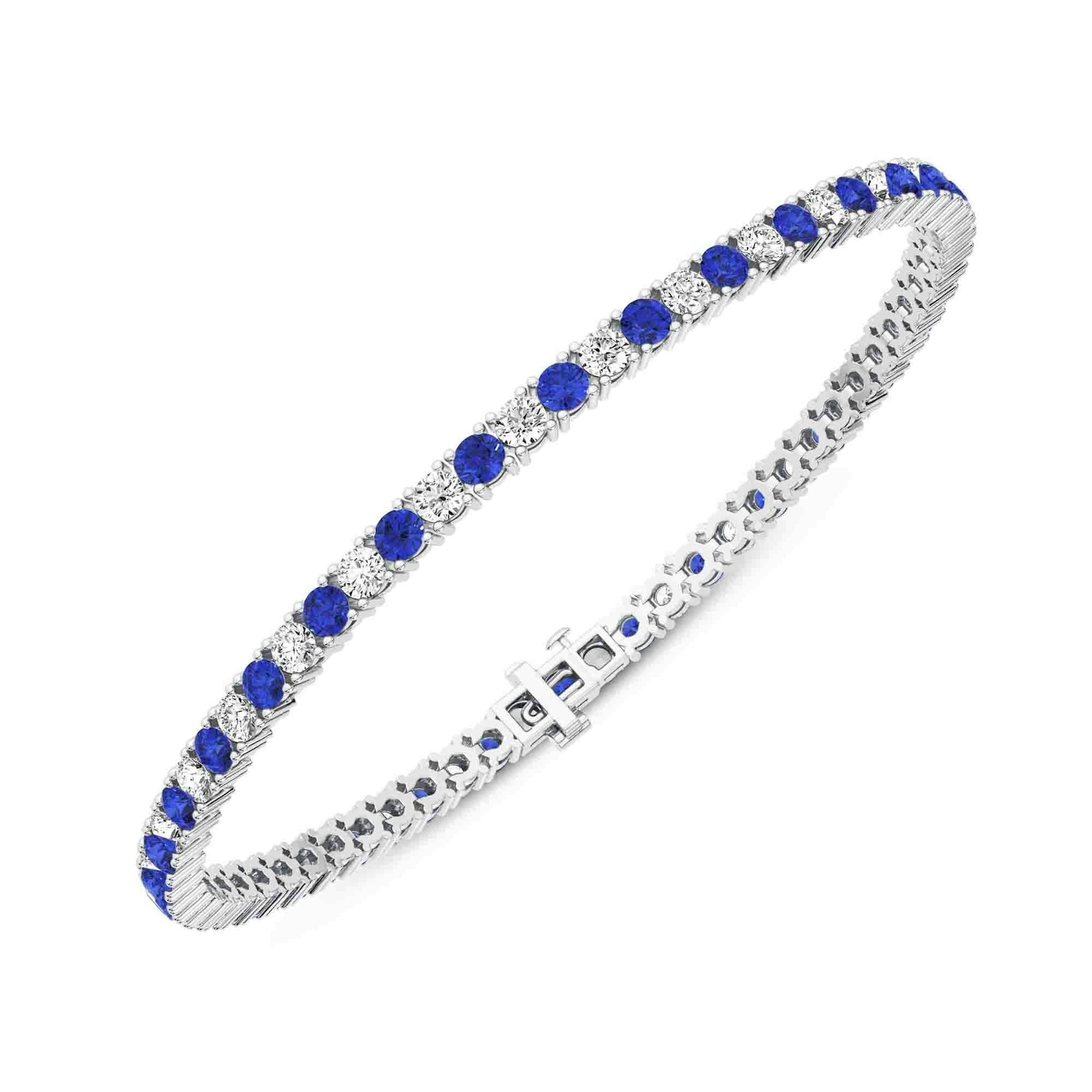 Vertical 14K White Gold Round Blue Sapphire and Diamond Alternating Bracelet