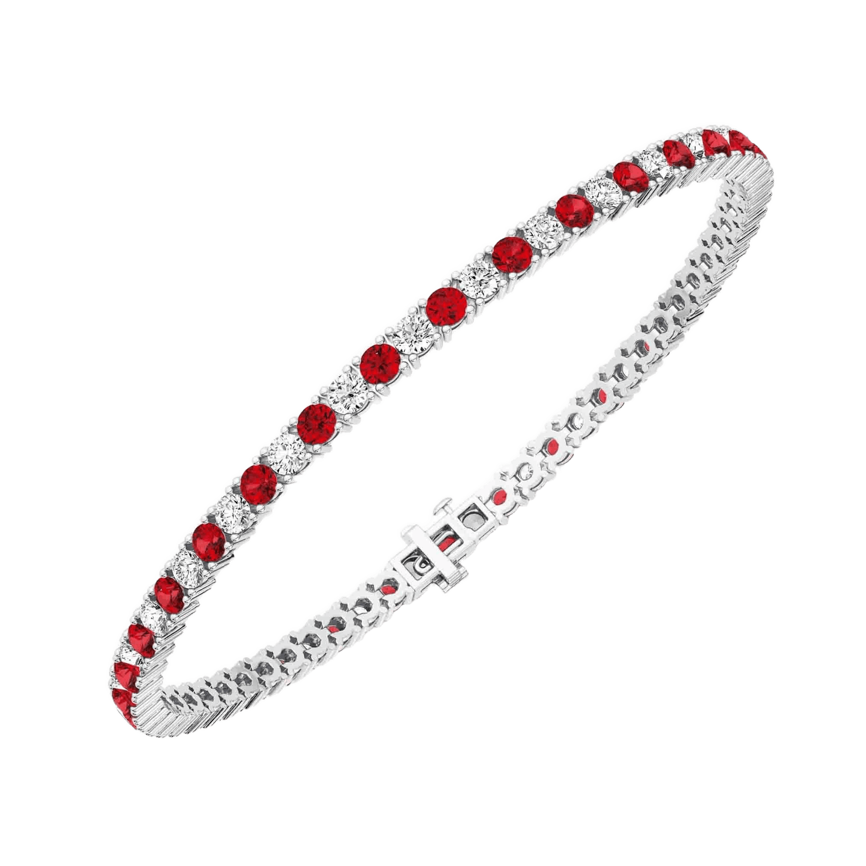 Vertical 14K White Gold Round Ruby and Diamond Alternating Bracelet