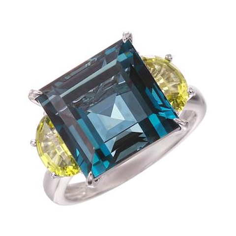 Vertical 14K White Gold Blue Topaz and Peridot Ring