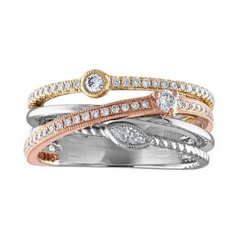 Vertical 14K White Gold/Rose Gold/Yellow Gold Diamond 3 Row Ring