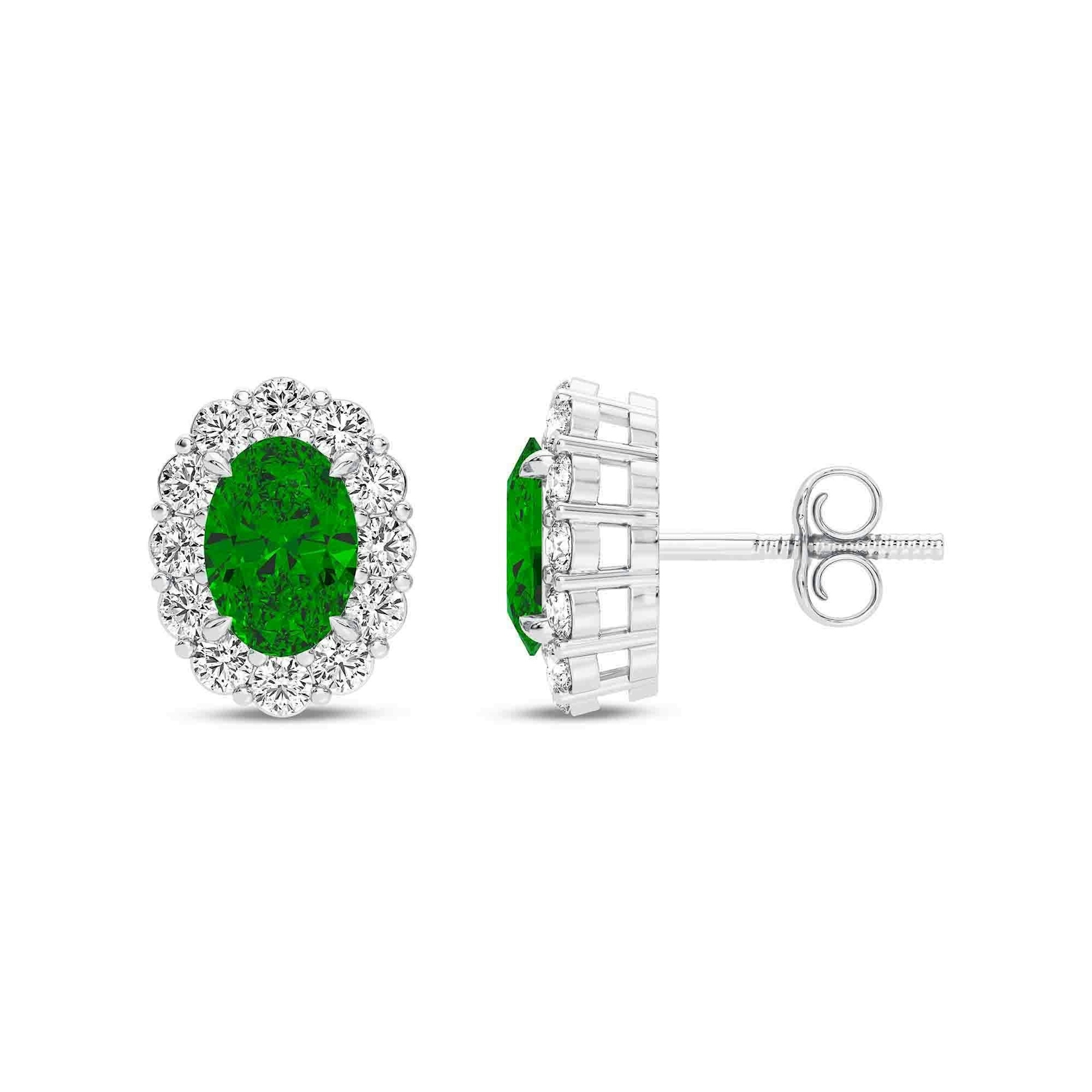 Vertical 14K White Gold Oval Emerald with Diamond Halo Stud Earrings