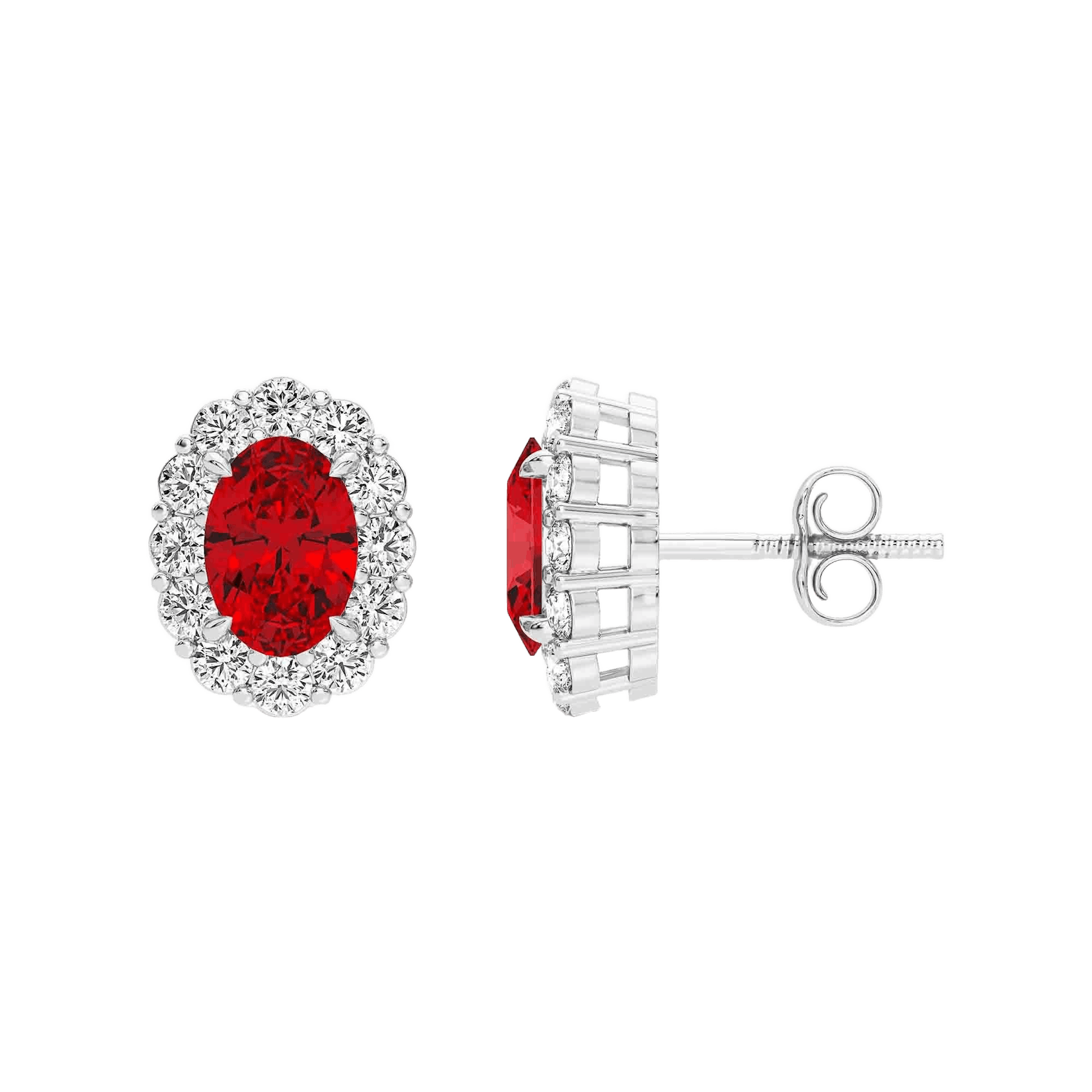 Vertical 14K White Gold Oval Ruby and Diamond Halo Stud Earrings