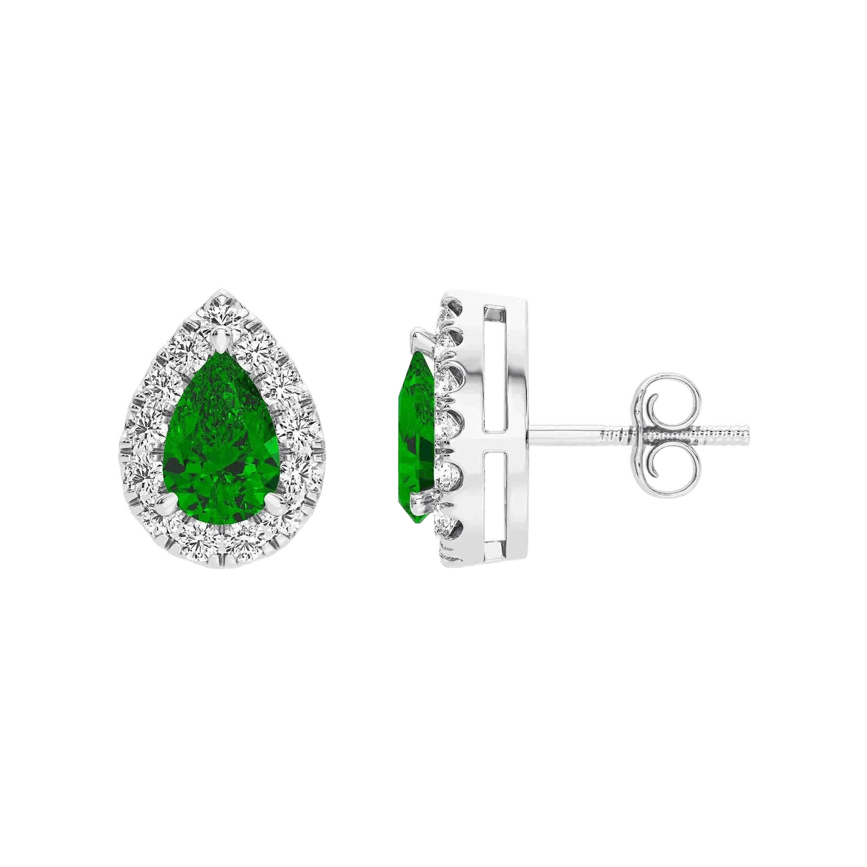 Vertical 14K White Gold Pear Emerald with Diamond Halo Stud Earrings