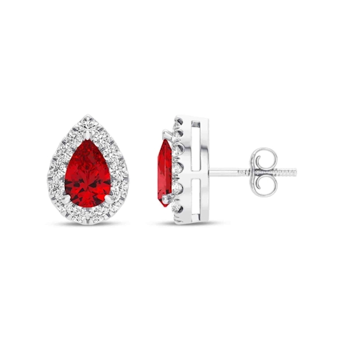 Vertical 14K White Gold Pear Ruby with Diamond Halo Stud Earrings
