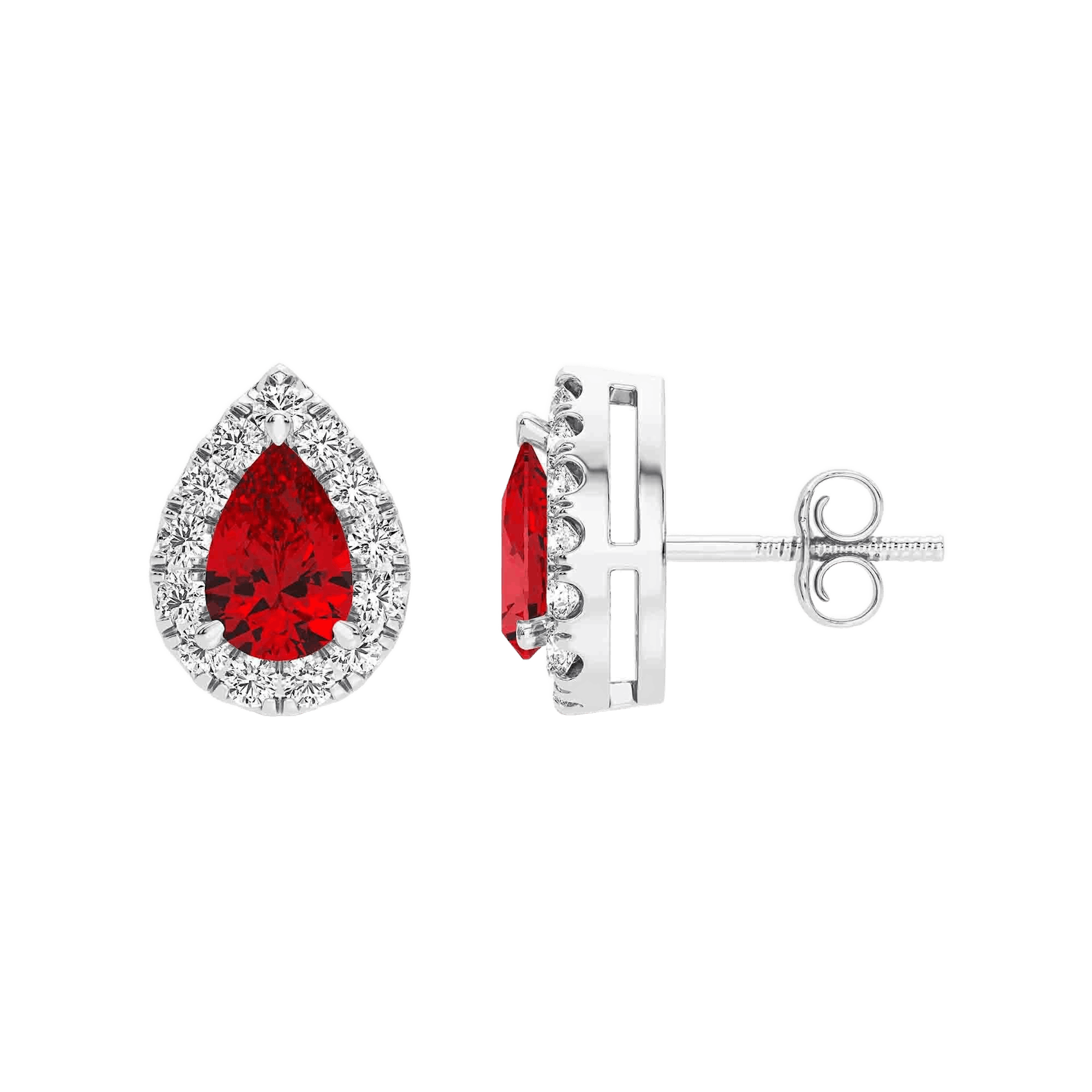 Vertical 14K White Gold Pear Ruby with Diamond Halo Stud Earrings