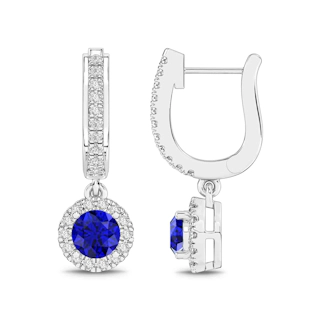Vertical 14K White Gold Round Blue Sapphire with Diamond Halo Drop Earrings