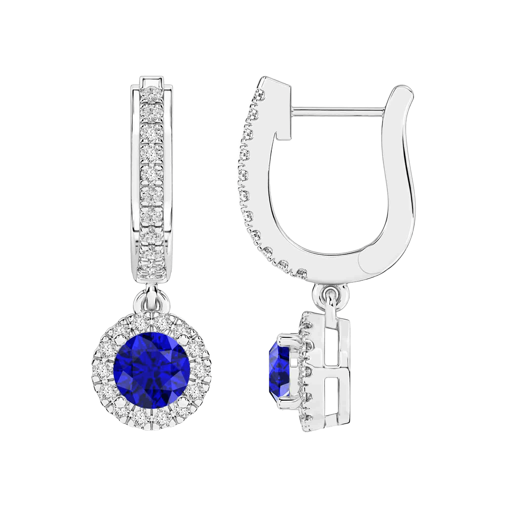 Vertical 14K White Gold Round Blue Sapphire with Diamond Halo Drop Earrings