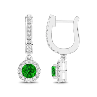 Vertical 14K White Gold Round Emerald with Diamond Halo Drop Earrings
