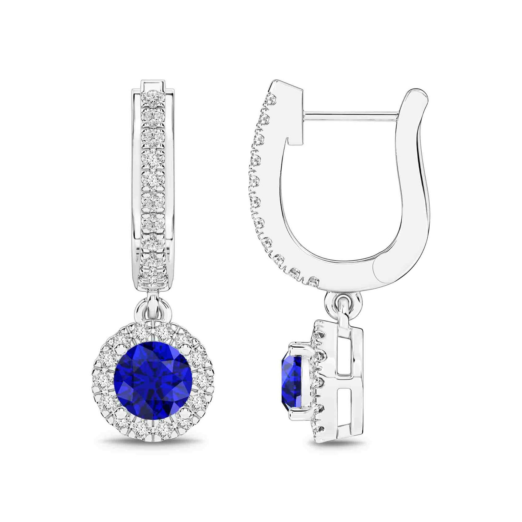 Vertical 14K White Gold Round Blue Sapphire with Diamond Halo Drop Earrings