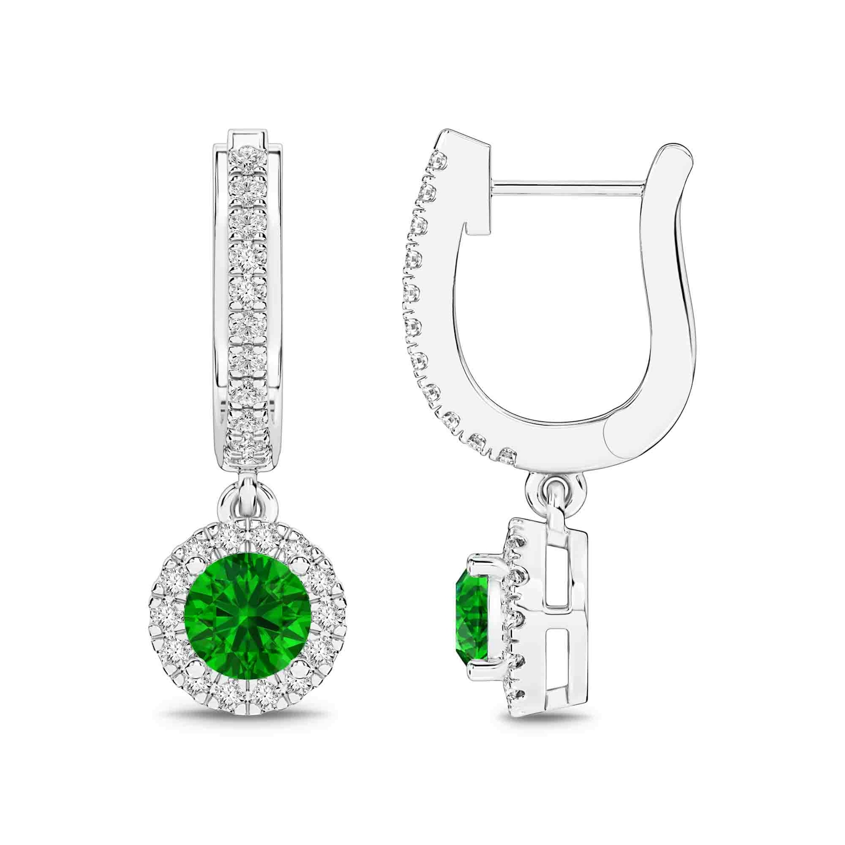 Vertical 14K White Gold Round Emerald with Diamond Halo Drop Earrings