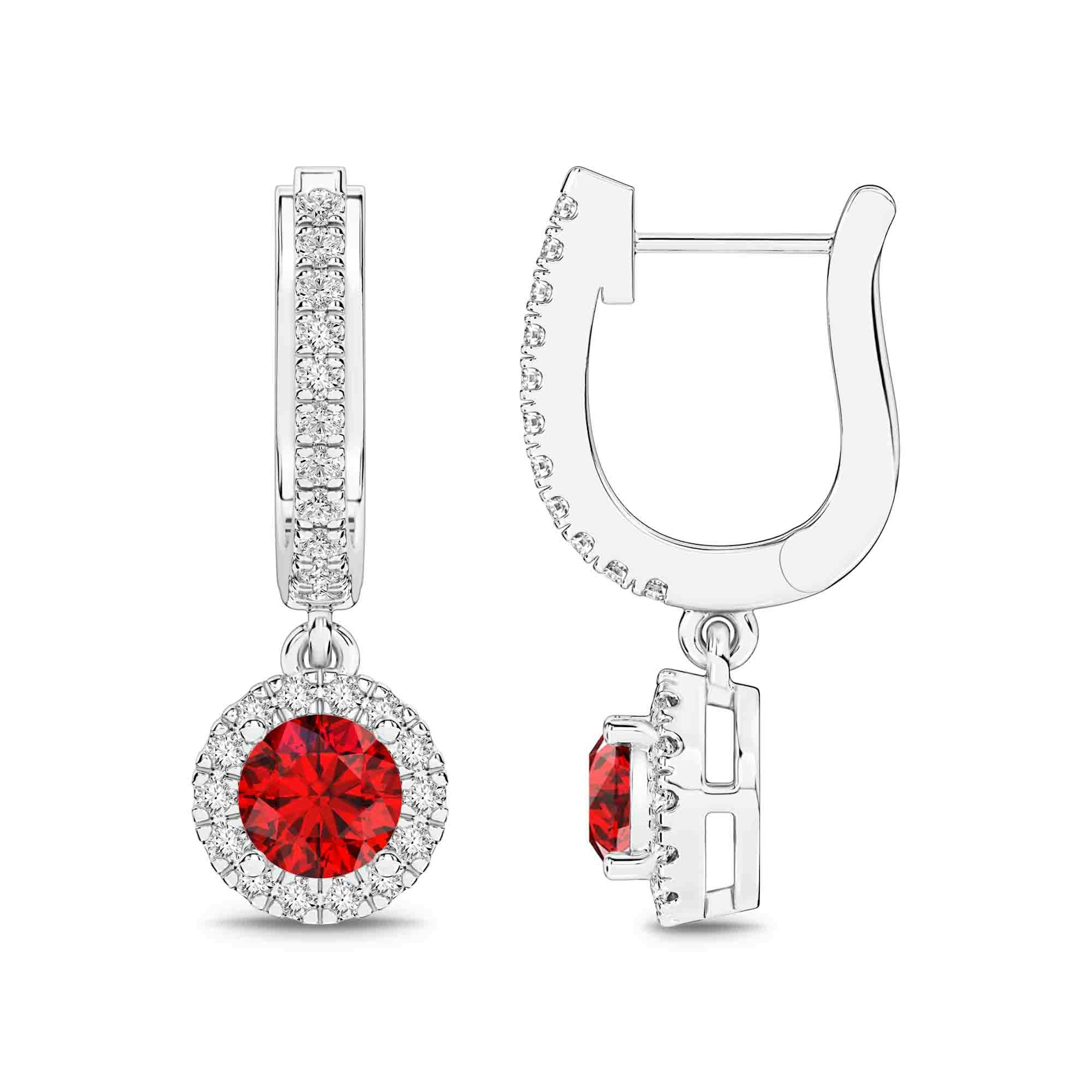 Vertical 14K White Gold Round Ruby with Diamond Halo Drop Earrings