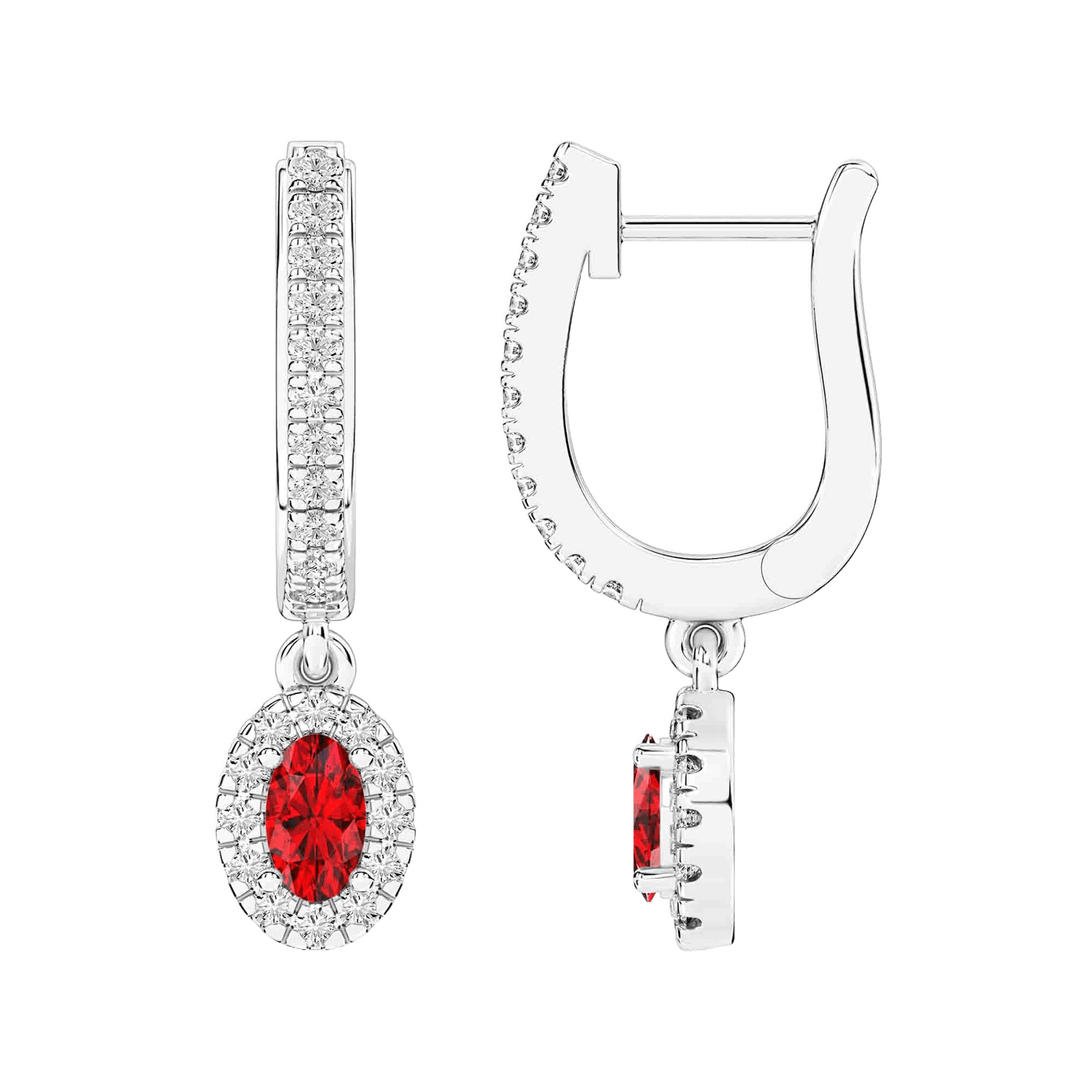 Vertical 14K White Gold Oval Ruby and Diamond Halo Stud Earrings