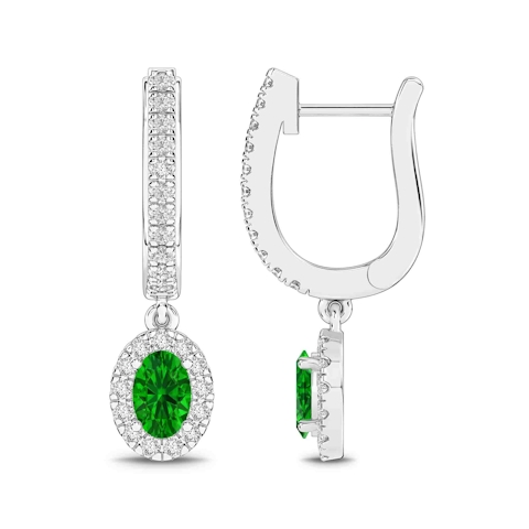 Vertical 14K White Gold Oval Emerald and Diamond Halo Drop Earrings
