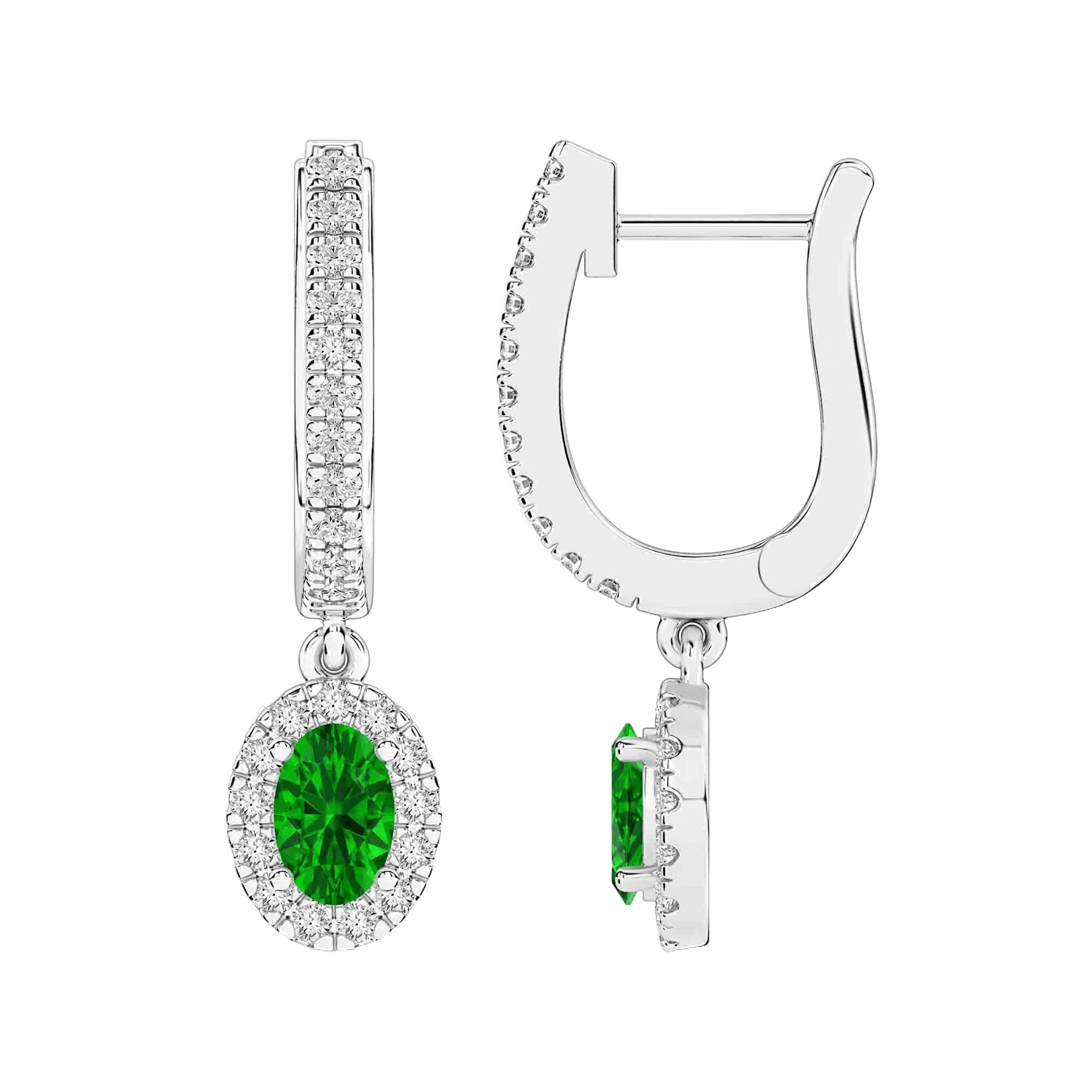 Vertical 14K White Gold Oval Emerald and Diamond Halo Drop Earrings