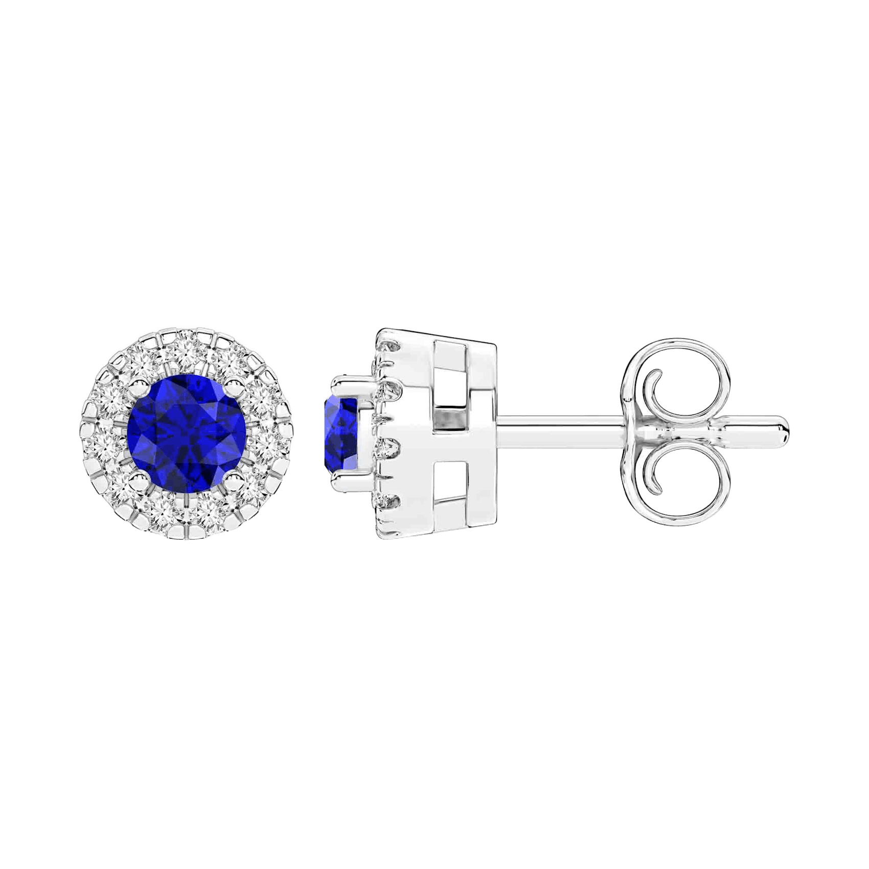 Vertical 14K White Gold Round Blue Sapphire with Diamond Halo Stud Earrings