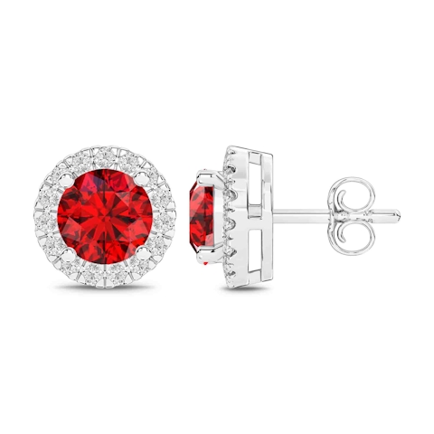 Vertical 14K White Gold Round Ruby with Diamond Halo Stud Earrings