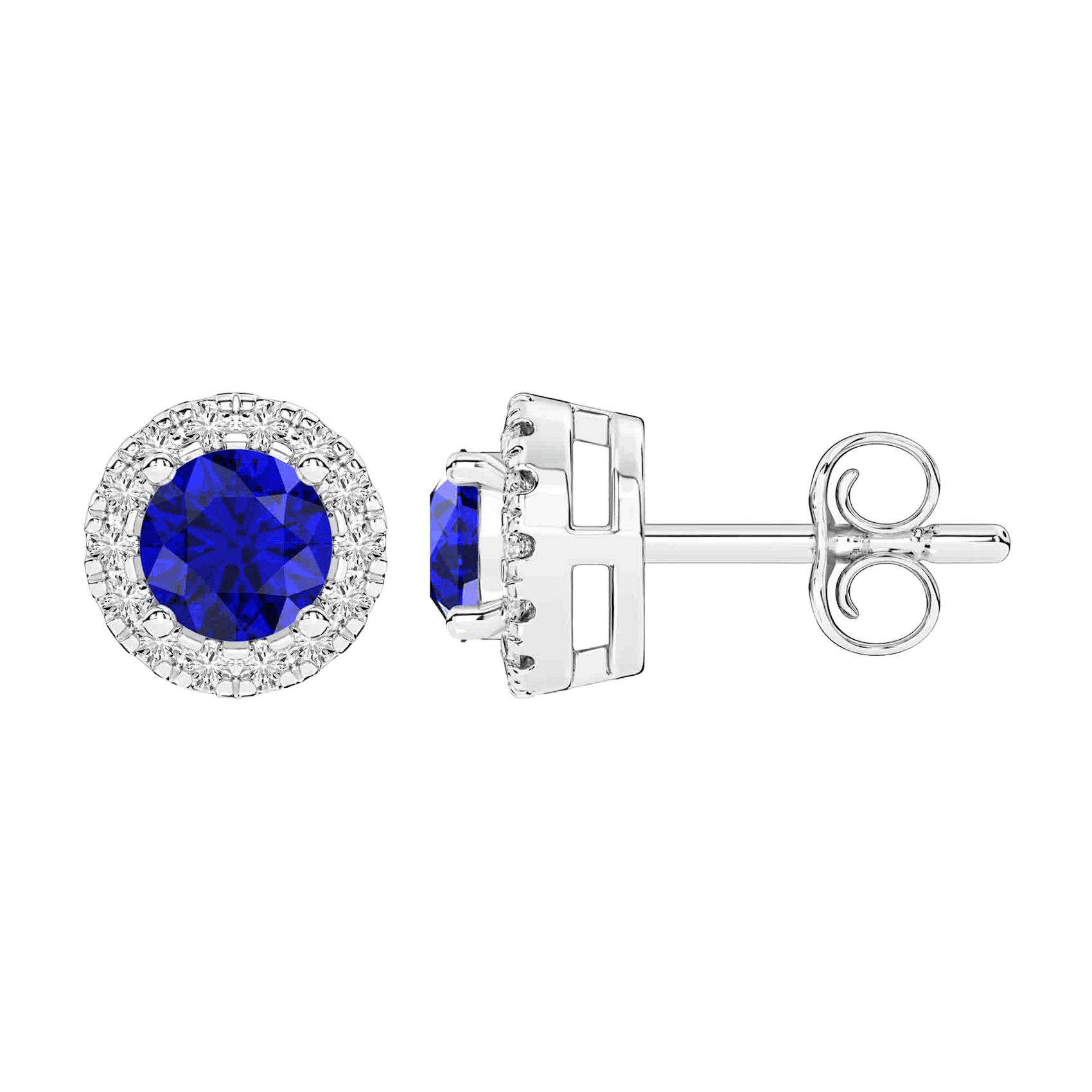 Vertical 14K White Gold Round Blue Sapphire with Diamond Halo Stud Earrings