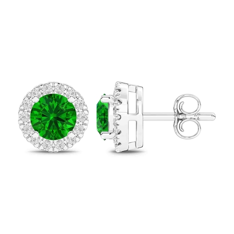 Vertical 14K White Gold Round Emerald with Diamond Halo Stud Earrings