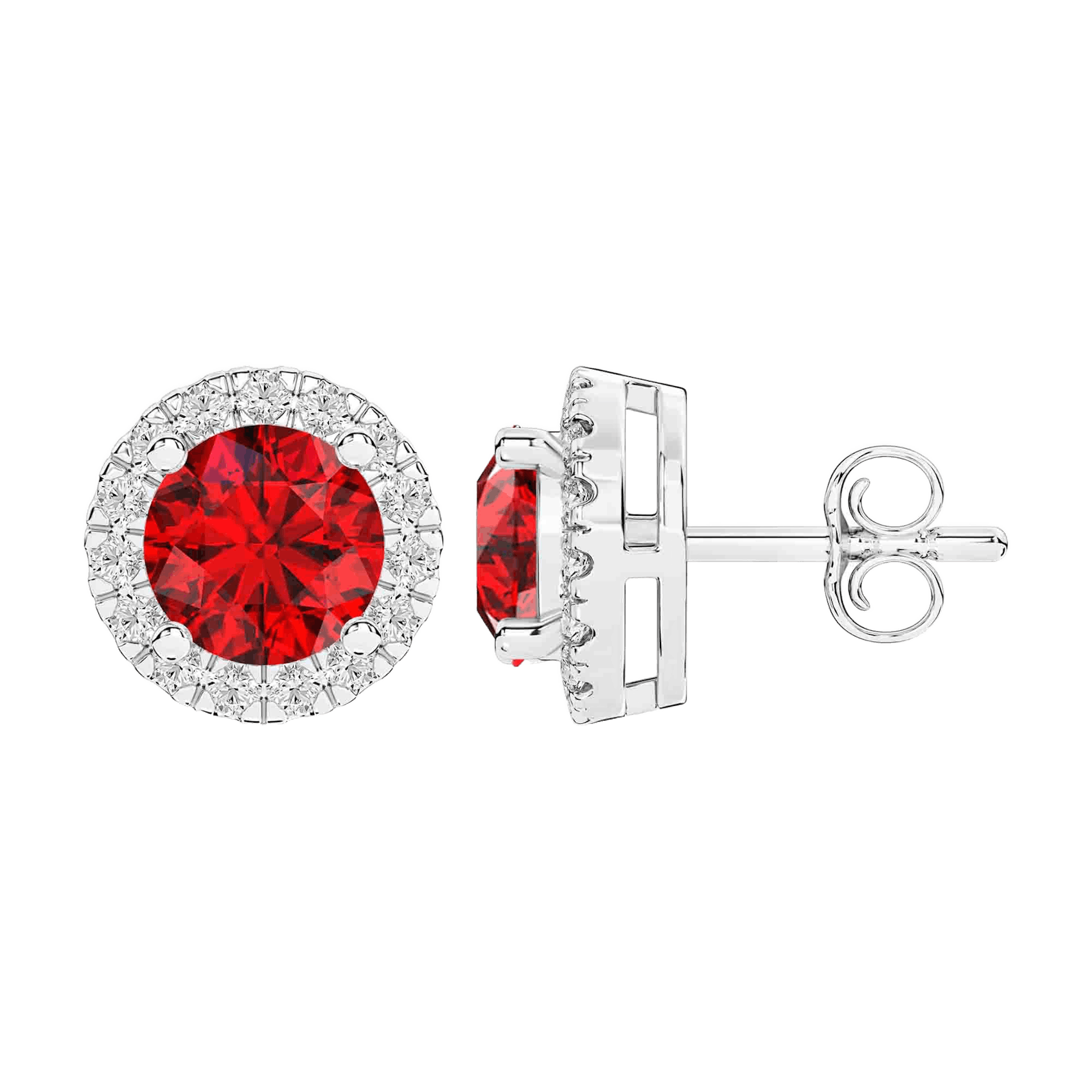 Vertical 14K White Gold Round Ruby with Diamond Halo Stud Earrings