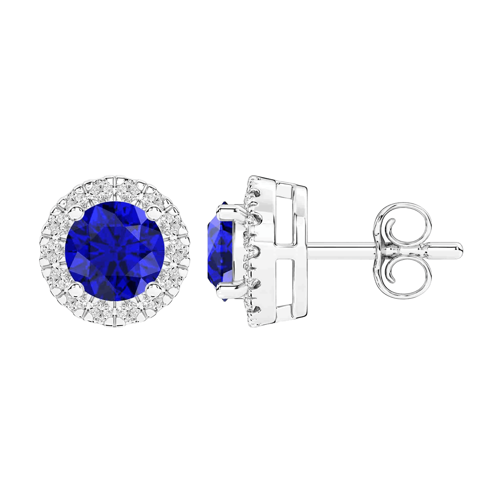Vertical 14K White Gold Round Blue Sapphire with Diamond Halo Stud Earrings