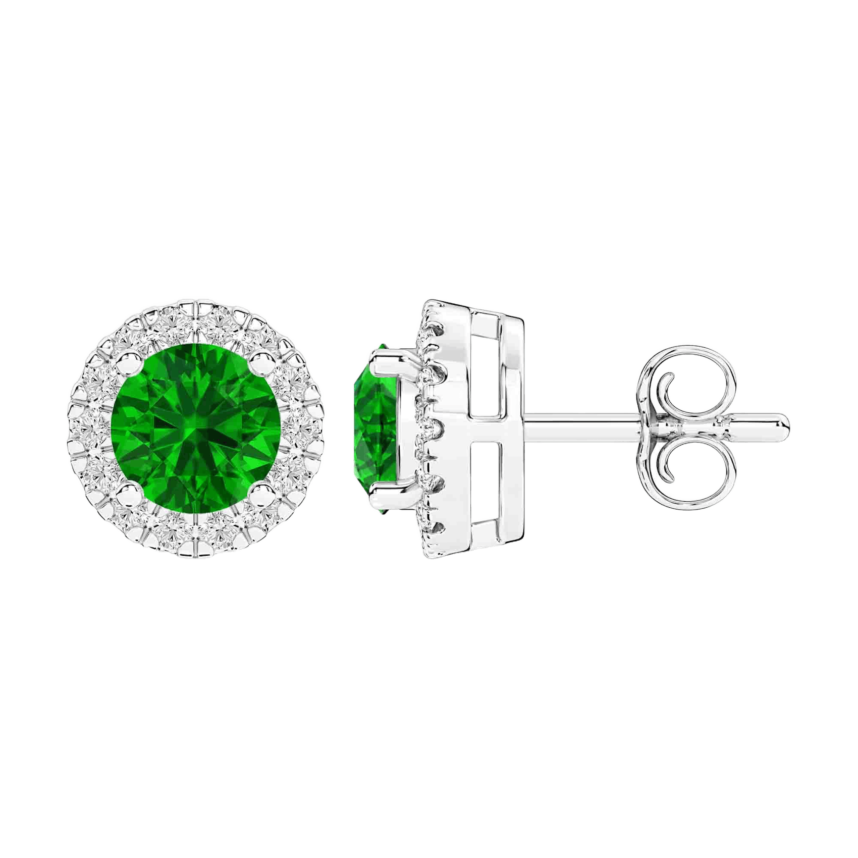 Vertical 14K White Gold Round Emerald with Diamond Halo Stud Earrings
