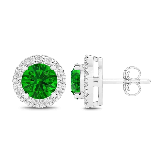 Vertical 14K White Gold Round Emerald with Diamond Halo Stud Earrings