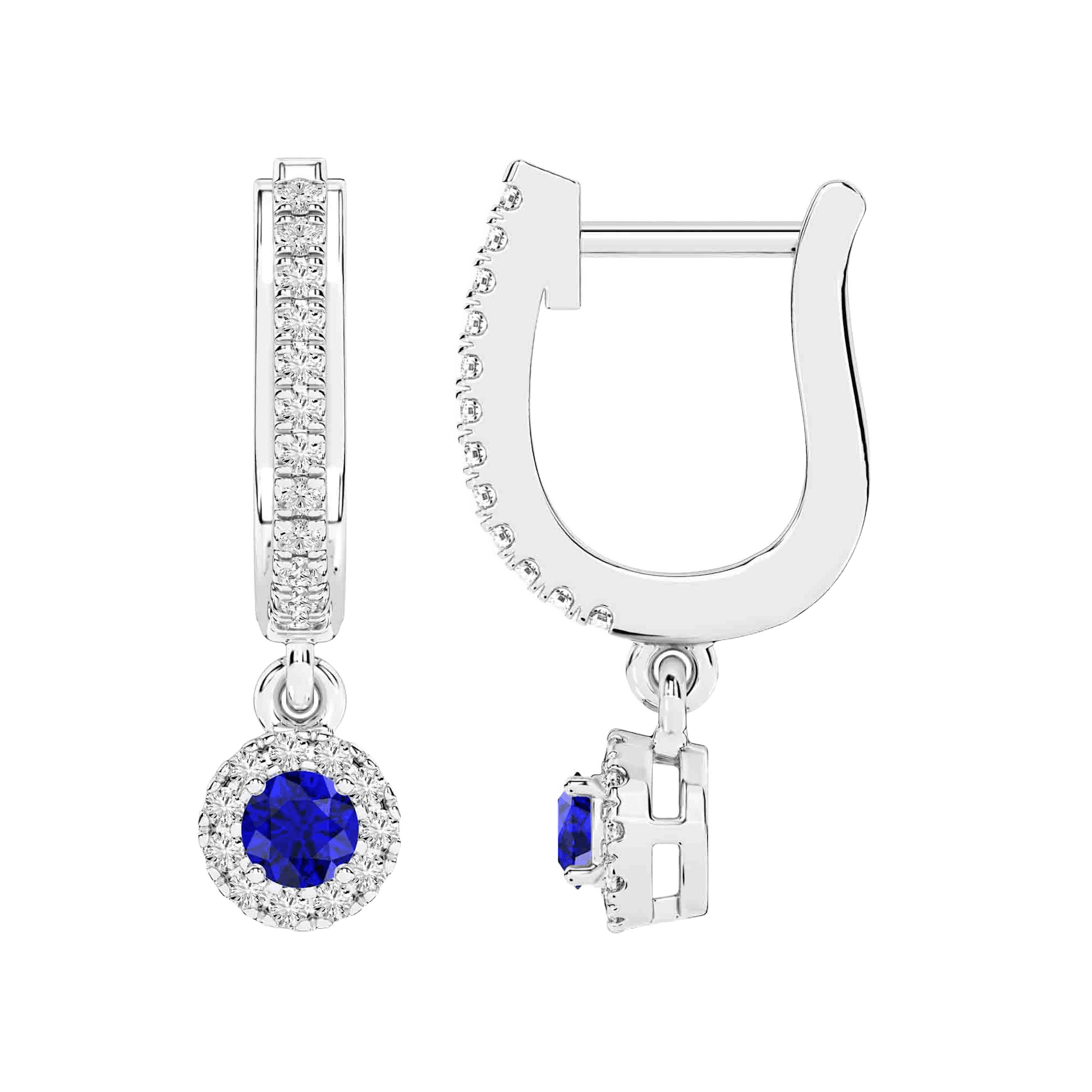 Vertical 14K White Gold Round Blue Sapphire with Diamond Halo Drop Earrings
