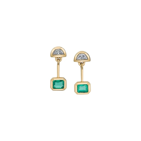 Vertical 18K Yellow Gold Desert Moon Emerald and Diamond Drop Earrings