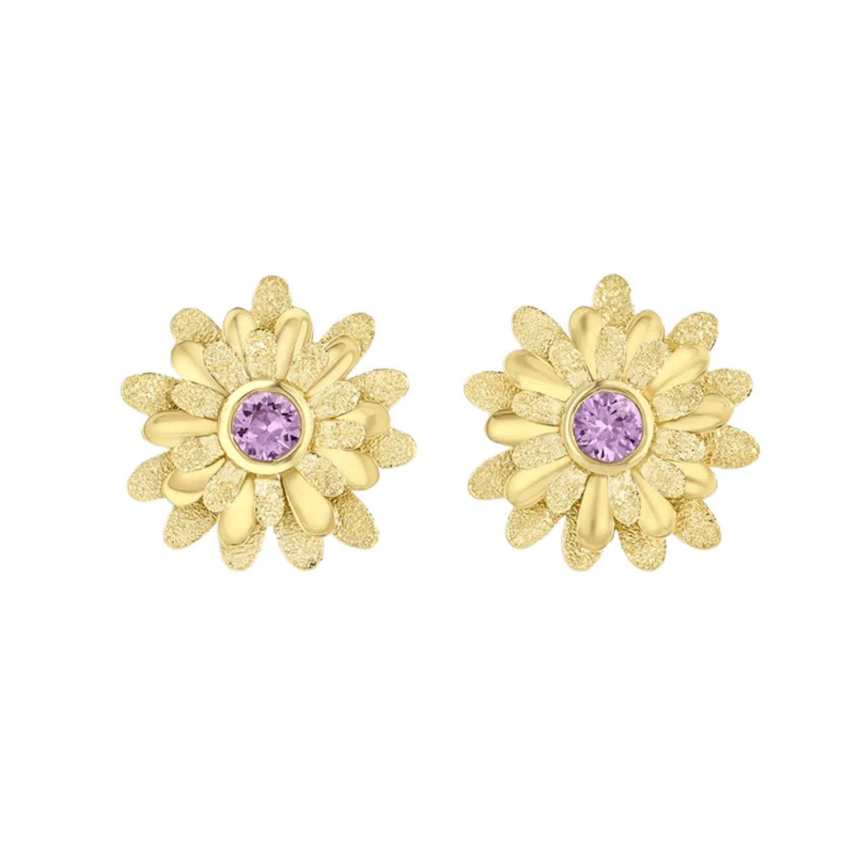 Vertical 18K Yellow Gold Dalia Pink Sapphire Stardust Finish Flower Stud Earrings