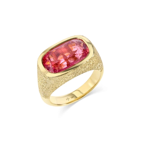 Vertical 18K Yellow Gold Vivienne Pink Tourmaline Stardust Finish Ring