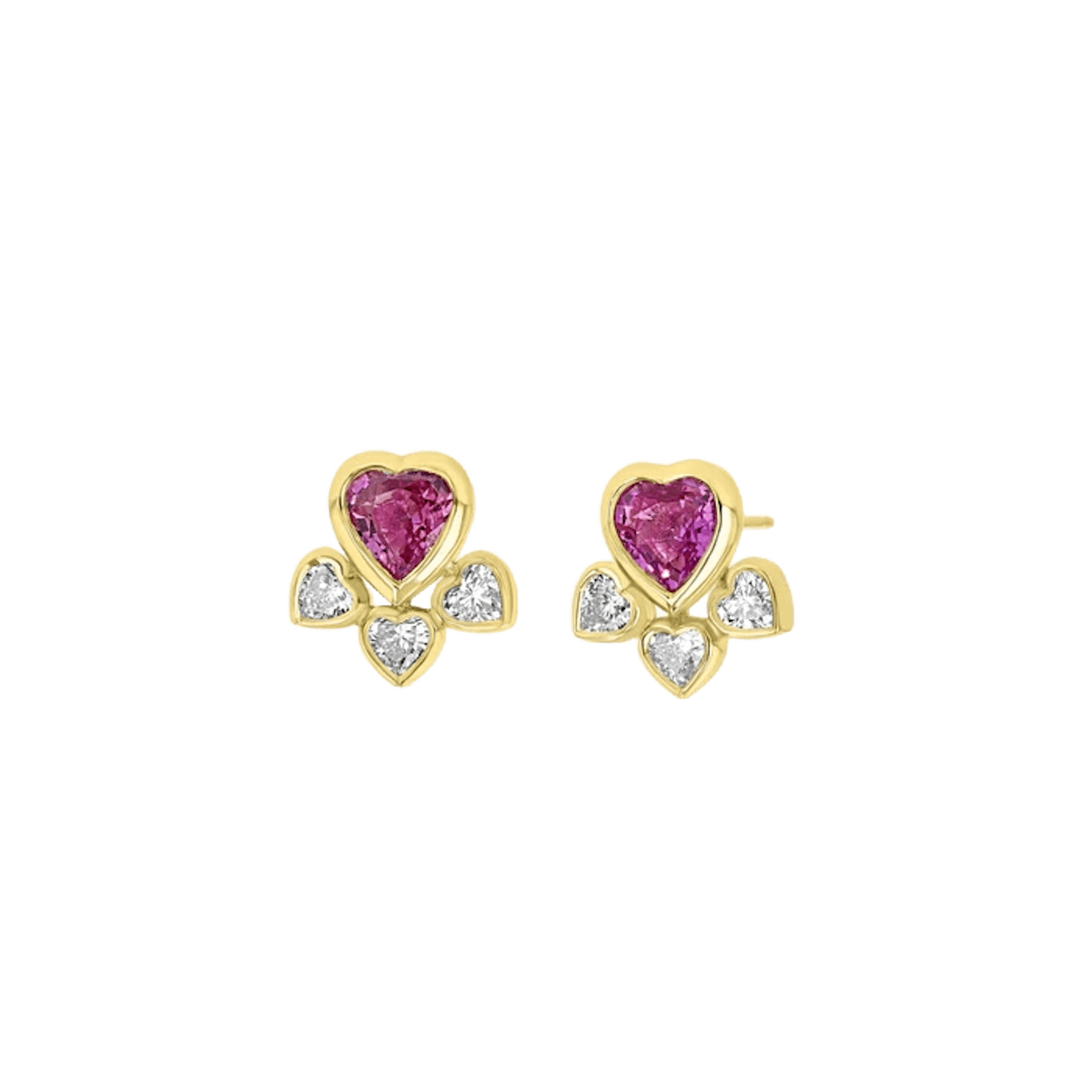 Vertical 18K Yellow Gold Many Hearts Pink Sapphire and Diamond Earrings