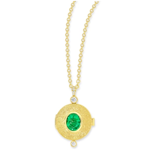 Vertical 18K Yellow Gold Wizard Oval Emerald and Diamond Locket