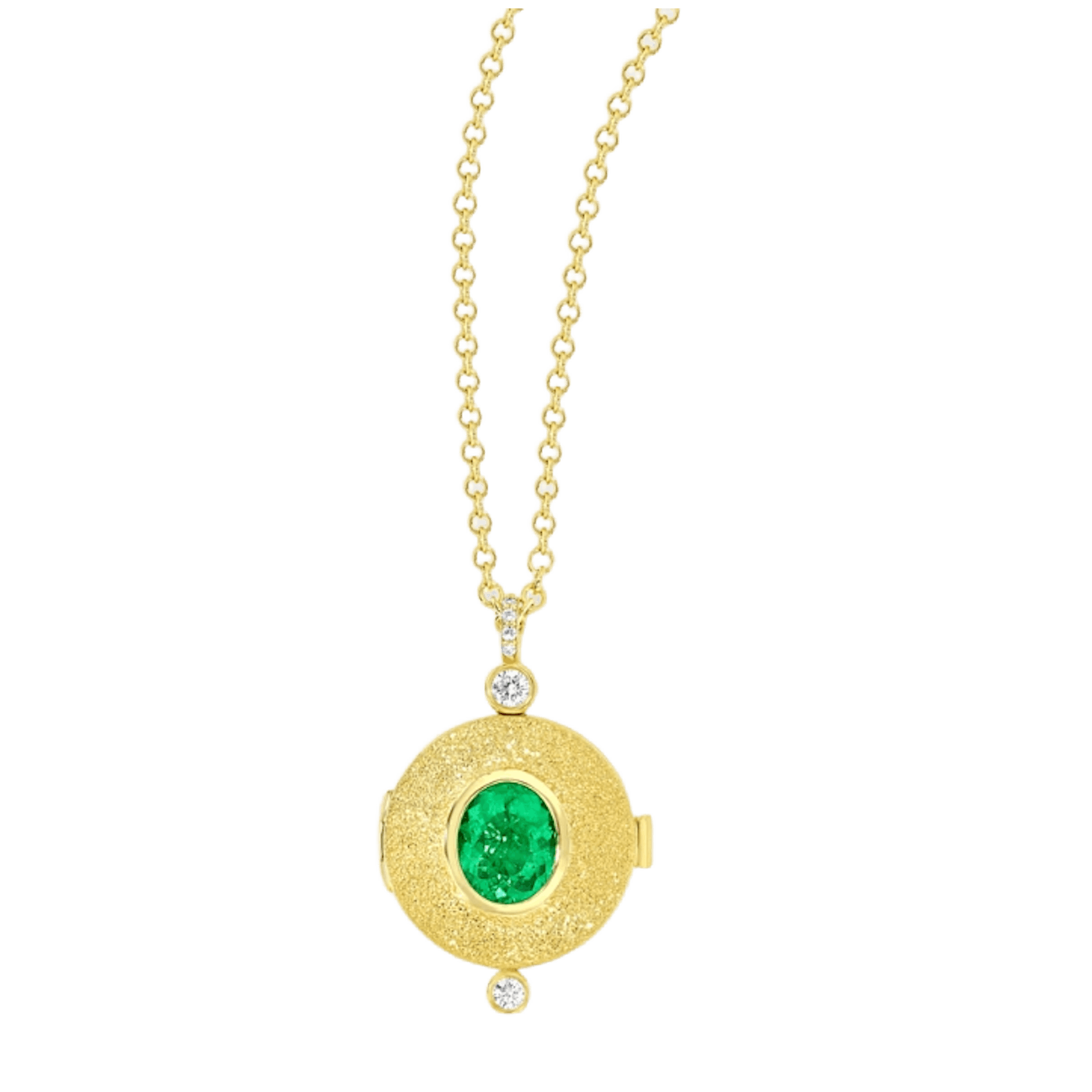 Vertical 18K Yellow Gold Wizard Oval Emerald and Diamond Locket