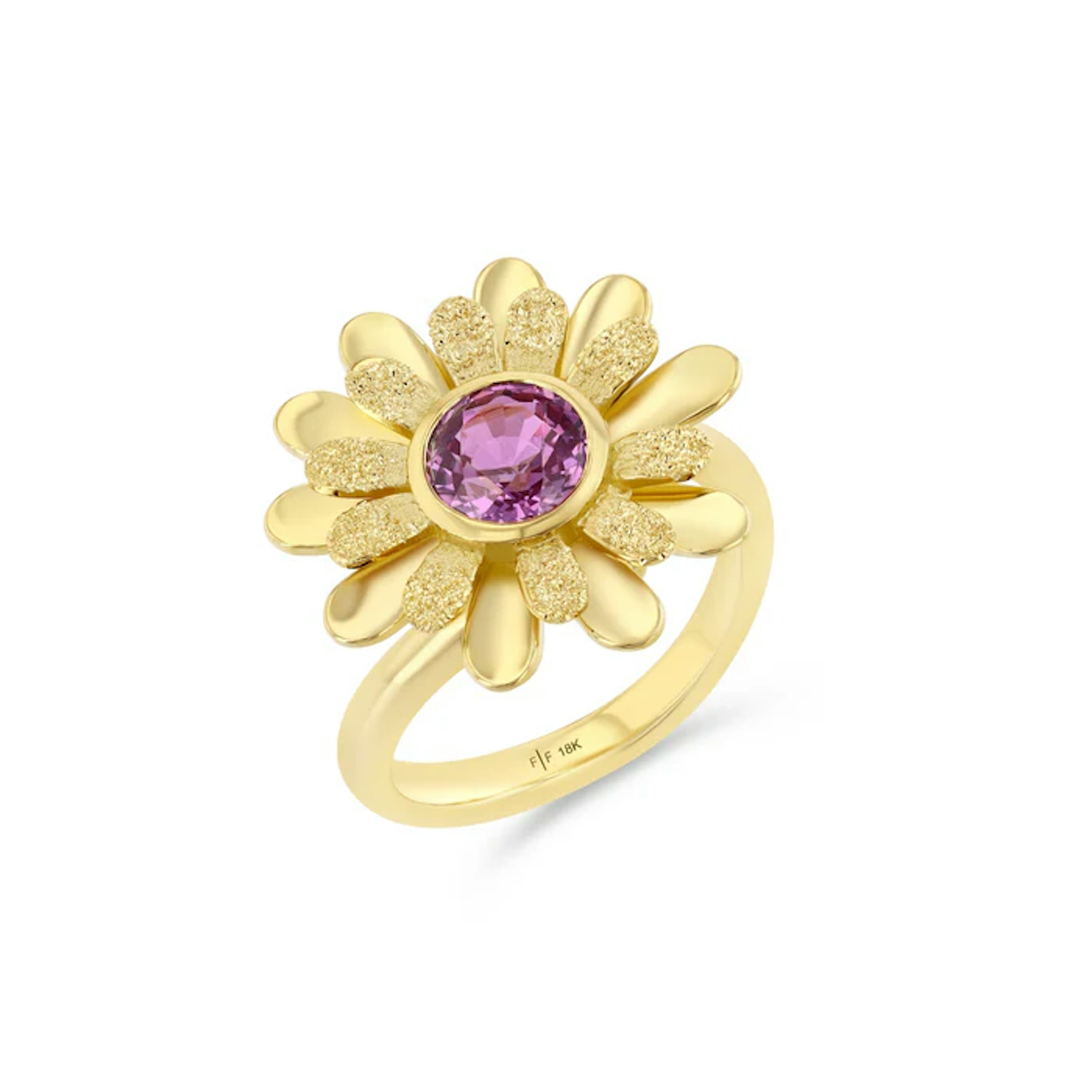 Vertical 18K Yellow Gold Mini Wildflower Pink Sapphire Ring