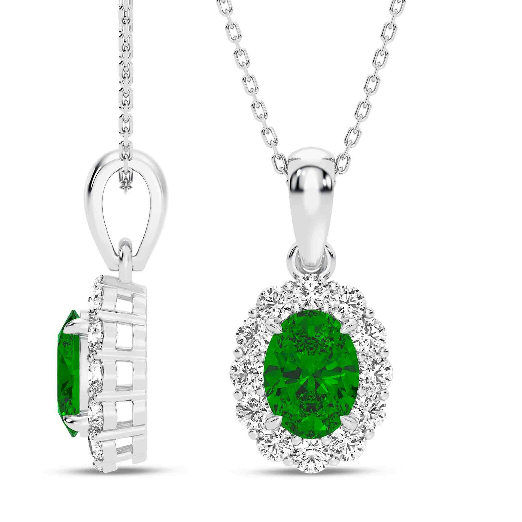 Vertical 14K White Gold Oval Emerald with Diamond Halo Pendant Necklace