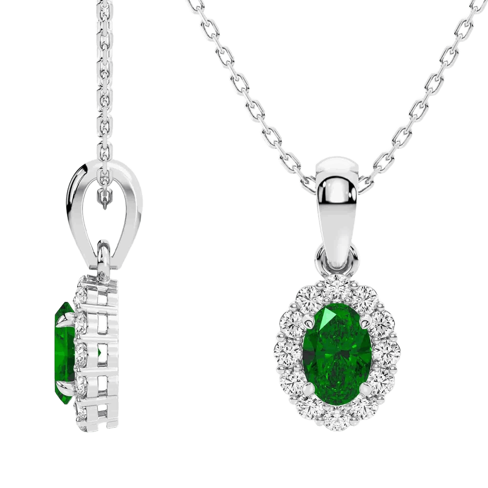 Vertical 14K White Gold Oval Emerald with Diamond Halo Pendant Necklace